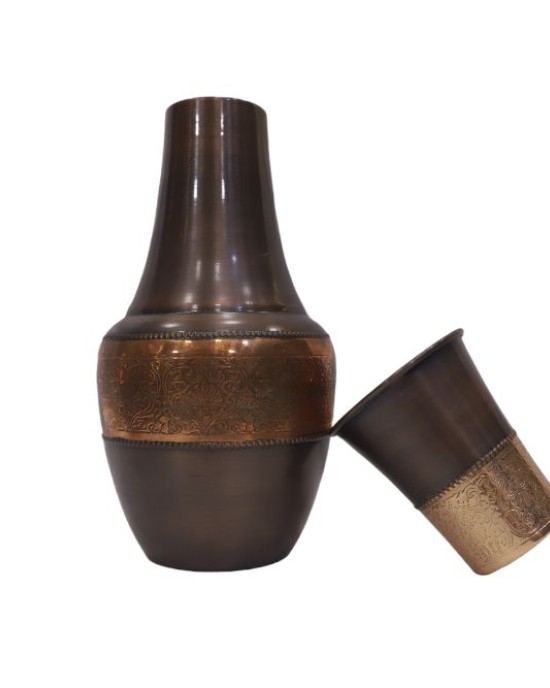 Premium pure copper bed side water bottle with middle craving and inbuilt glass (1L)
