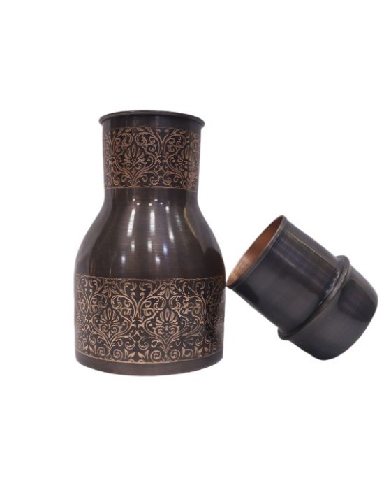 Premium Pure Copper Bedside Water Bottle with Intricate Engraving and Built-In Glass