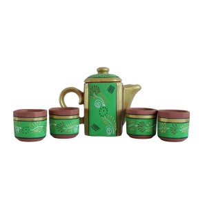 Printd Clay Kettle with set of 4 cups (150 ML , Green)
