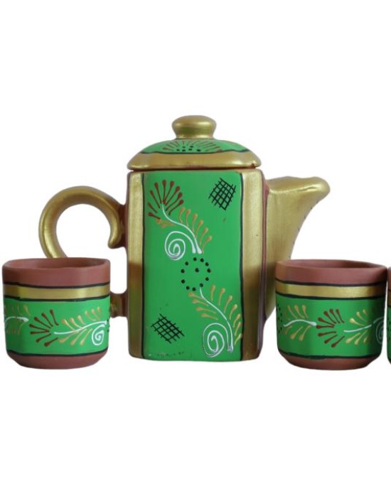 Printd Clay Kettle with set of 4 cups (150 ML , Green)