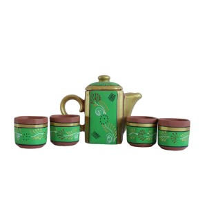 Printd Clay Kettle with set of 4 cups (150 ML , Green)