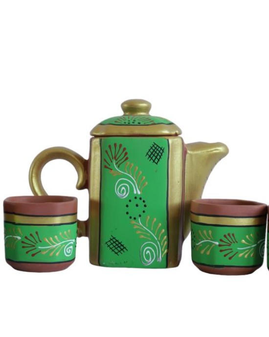 Printd Clay Kettle with set of 4 cups (150 ML , Green)