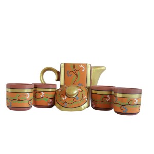 Printd Clay Kettle with set of 4 cups (150 ML , Orange)
