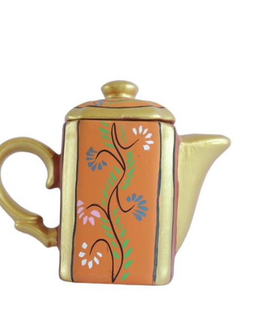 Printd Clay Kettle with set of 4 cups (150 ML , Orange)