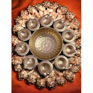 Pure Brass Diwali Dia Plate with 10 Dia Slots