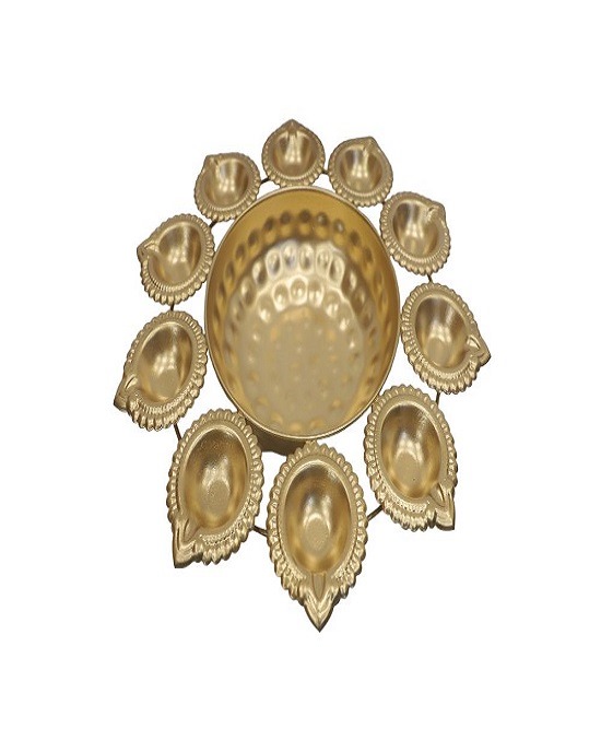 Pure Brass Diwali Dia Plate with 10 Dia Slots