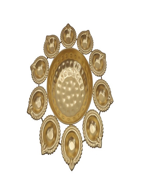 Pure Brass Diwali Dia Plate with 10 Dia Slots