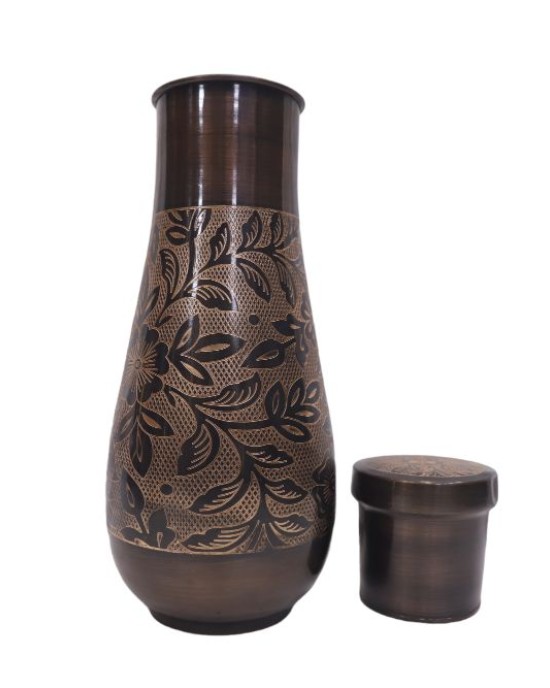 Pure Copper Bedside Water Bottle with Middle Carving and Inbuilt Glass