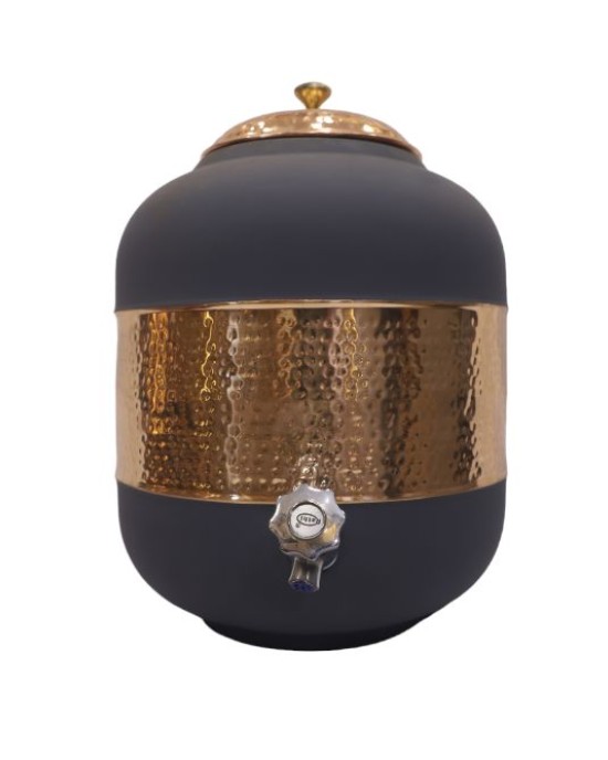 Pure copper half hammered with silk finish water pot matka dispenser with tap (12L)