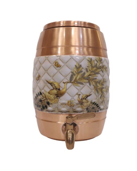 Pure copper matka with meena work on middle and top water dispenser with lid and tap (12L)