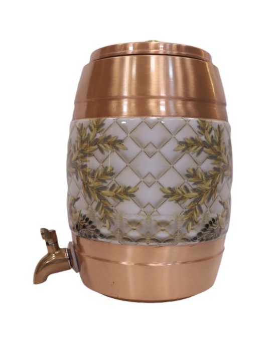 Pure copper matka with meena work on middle and top water dispenser with lid and tap (12L)