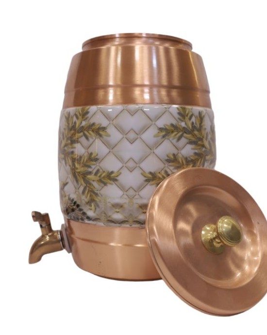 Pure copper matka with meena work on middle and top water dispenser with lid and tap (12L)