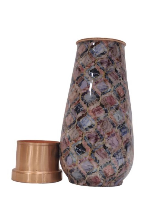 Pure copper meena work bed side bottle with inbuilt glass (1.25L)