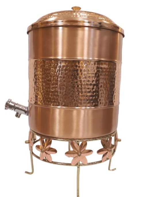 Pure copper water container hammerd work in middle with tap and stand 12 L