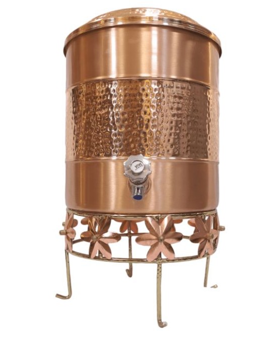 Pure copper water container hammerd work in middle with tap and stand 12 L