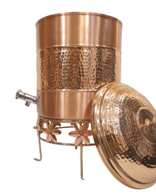 Pure copper water container hammerd work in middle with tap and stand 12 L