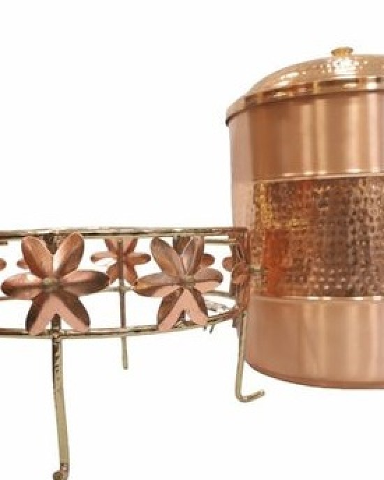 Pure copper water container hammerd work in middle with tap and stand 12 L