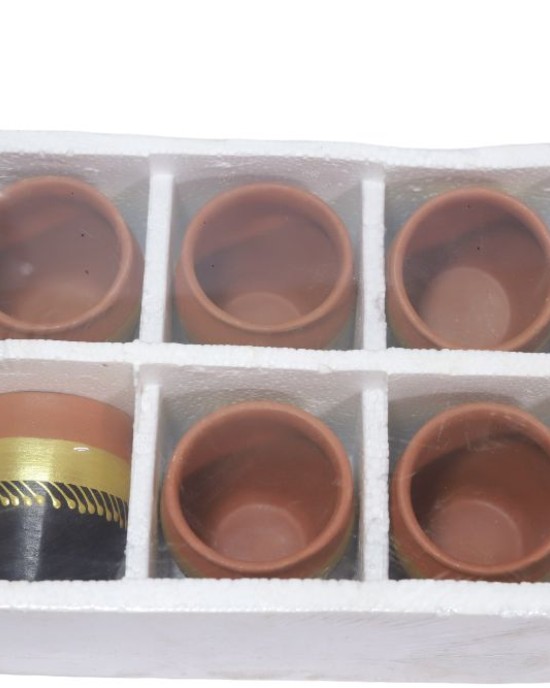 Re-useable printed clay kullhad tea cups set of 6 ( Black &  Gold ,multi purpose) 
