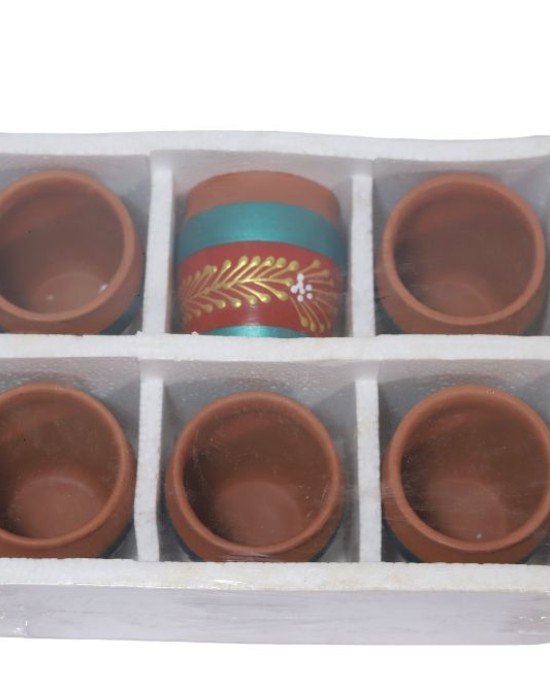 Re-useable printed clay kullhad tea cups set of 6 ( Red & Blue ,multi Purpose)